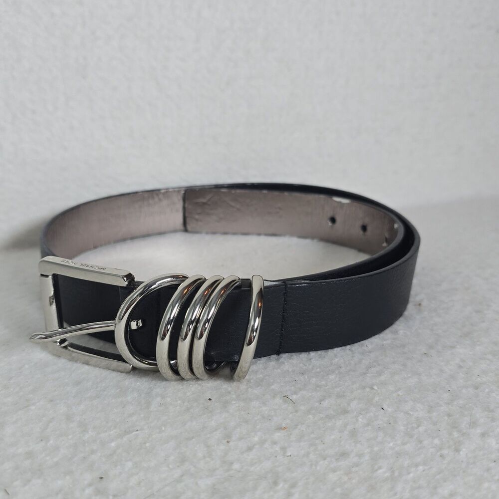 Michael Kors Genuine Leather Belt Black Silver Buckle 5 Metal Rings Small